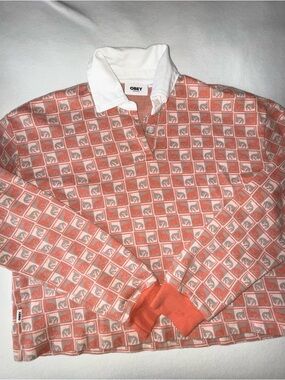 Obey Andre the Giant Orange Patterned Crop Rugby Shirt Rare